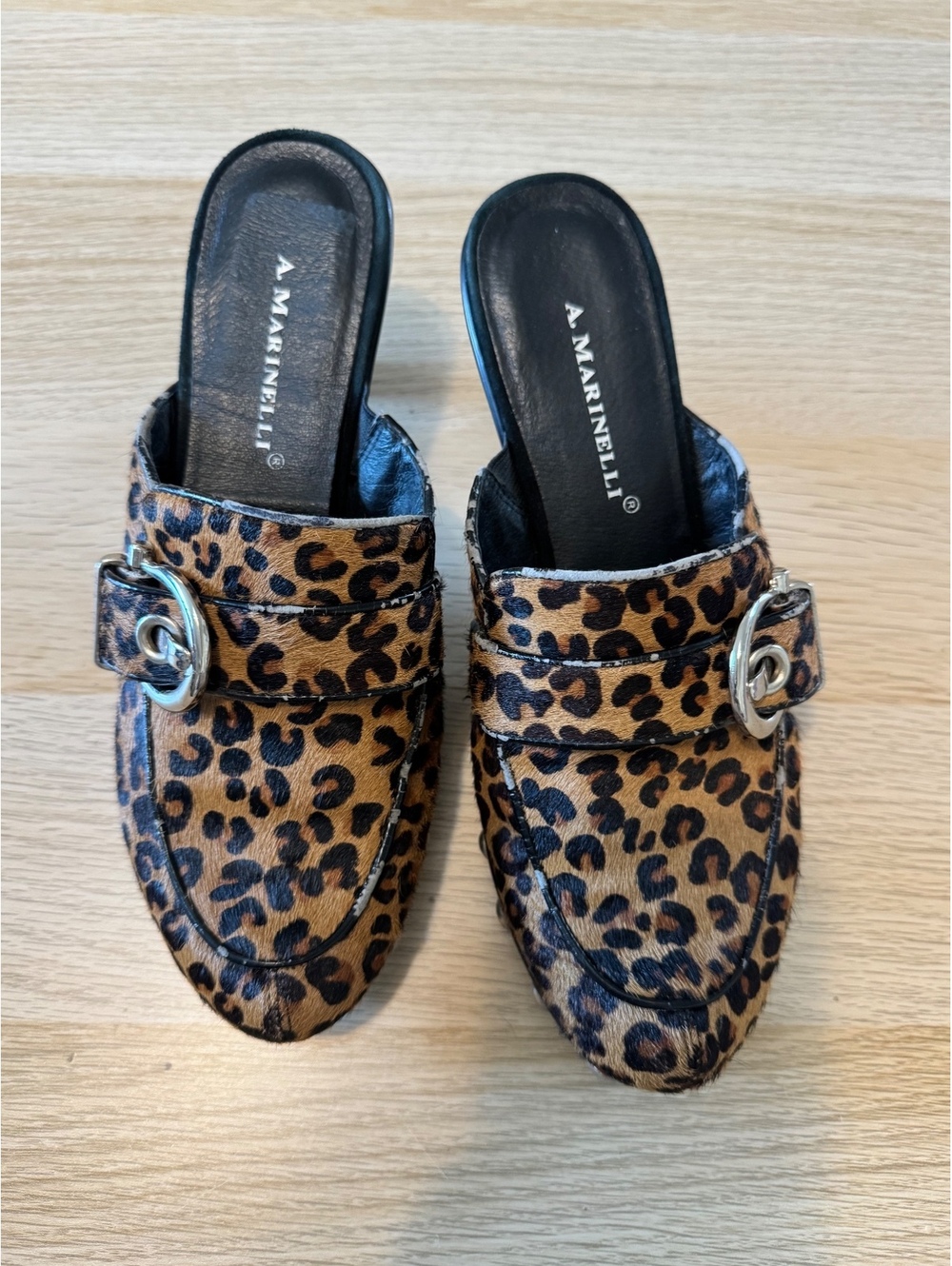 A. Marinelli Y2K Leopard Calf Hair Buckle Clog Mules Heels Sz 8.5